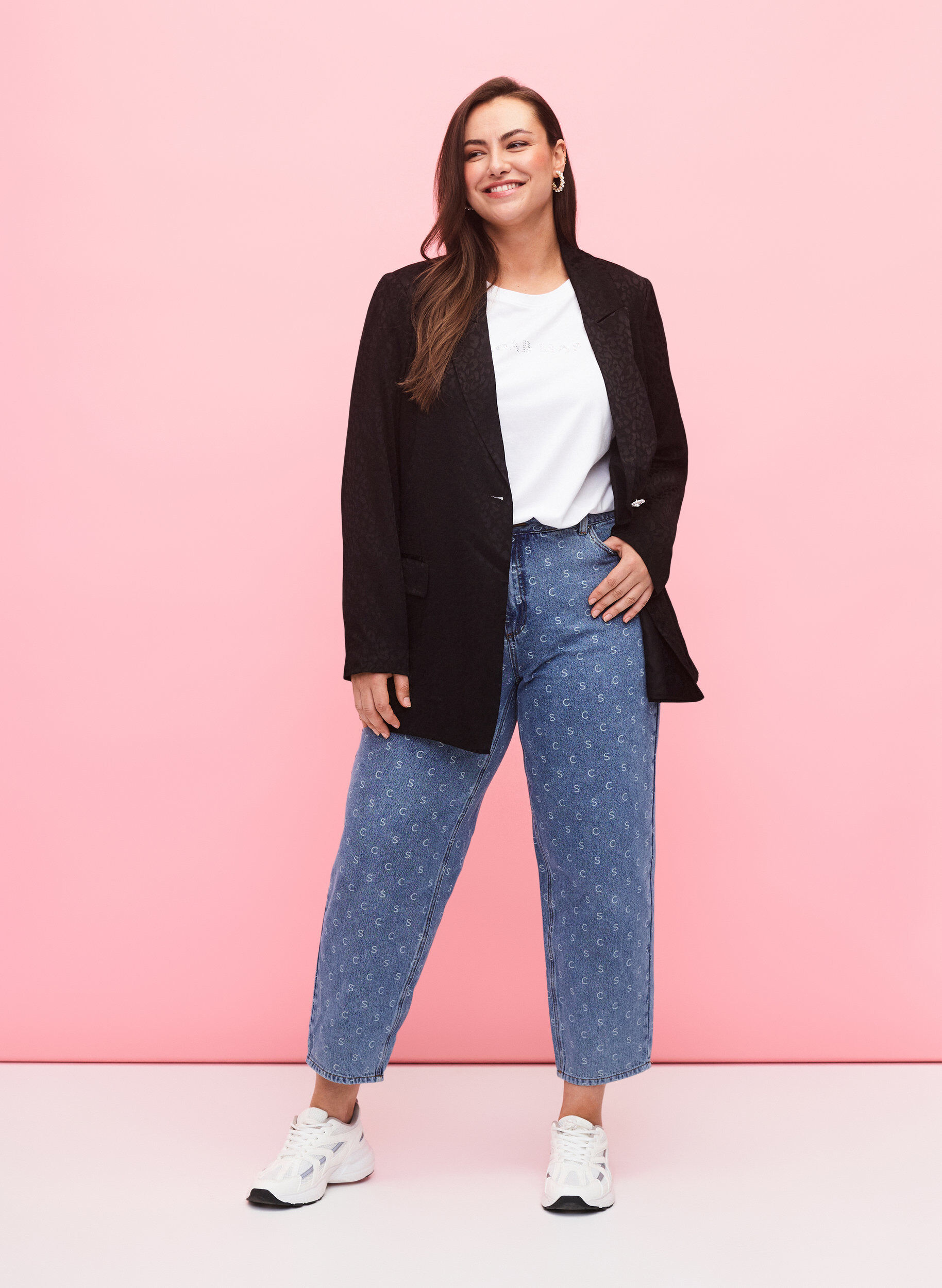 Zizzifashion Cropped jeans with print and high waist, Blue denim, Model image number 0