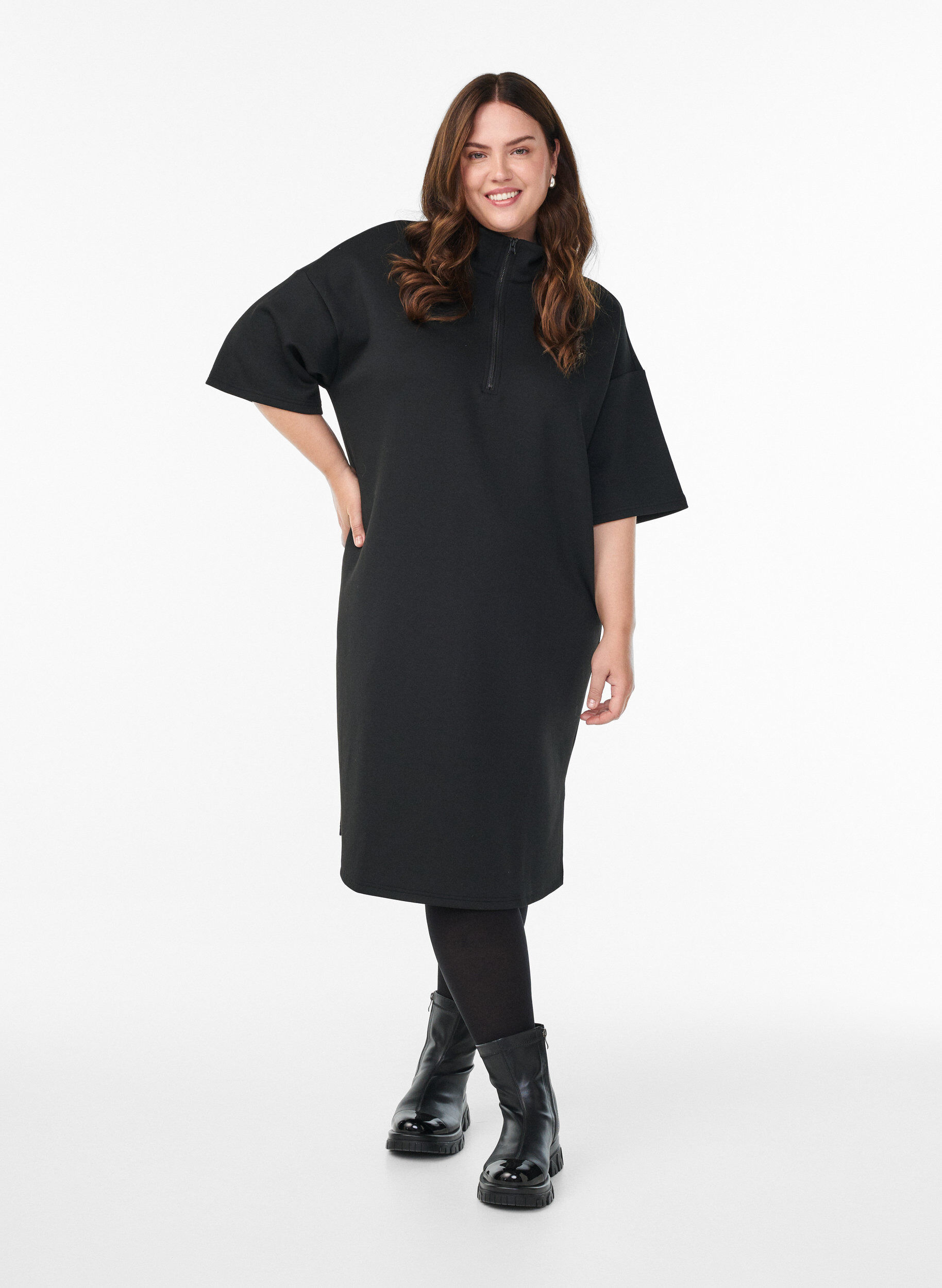 Zizzifashion Short sweatshirt dress with high collar and zip, Black, Model image number 1
