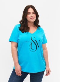 Cotton t-shirt with print, Turquoise SUN, Model