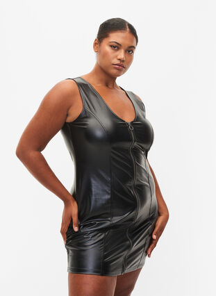 Faux leather dress with zip, Black, Model image number 0