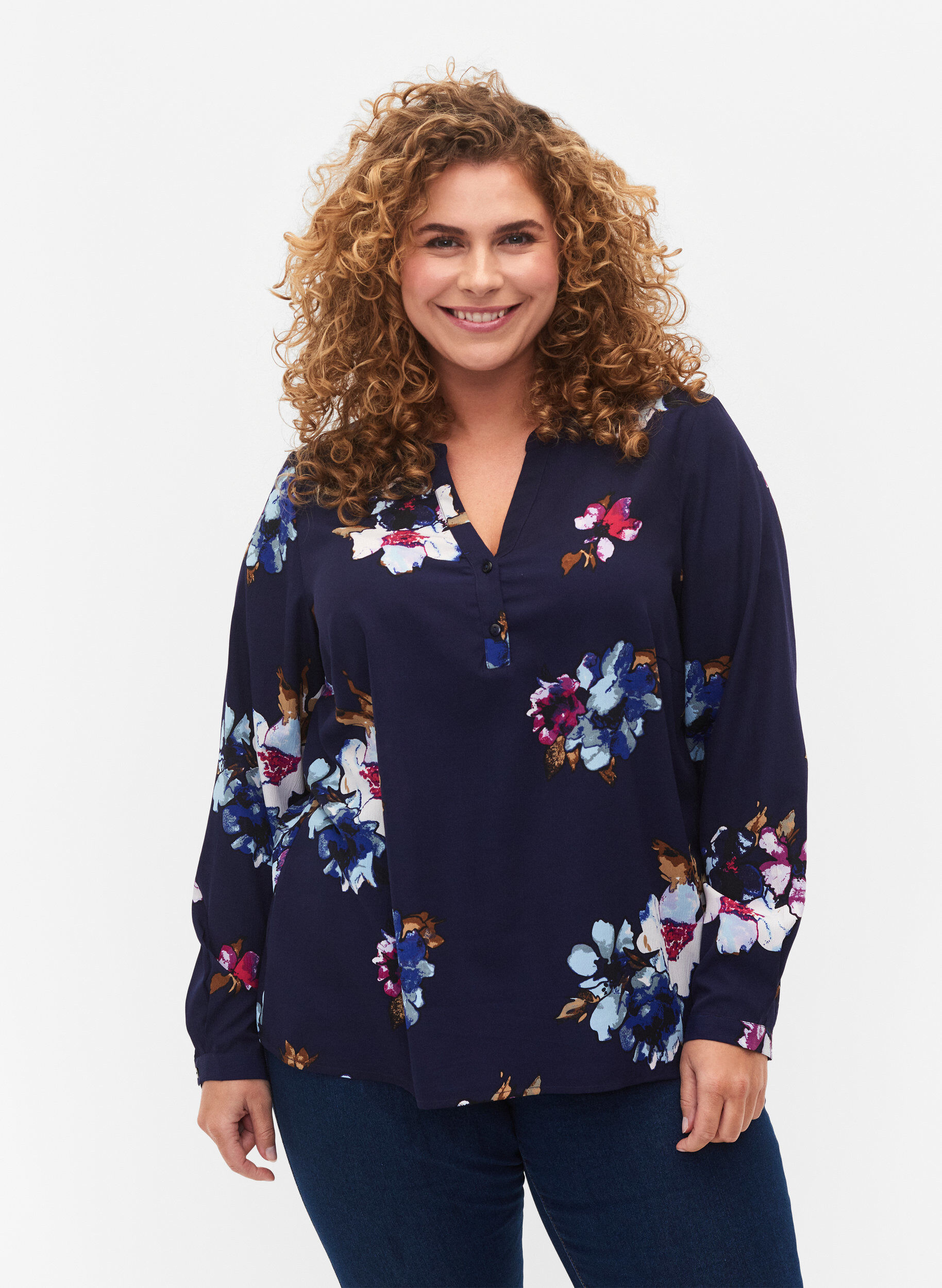 Zizzifashion FLASH - Long sleeve blouse with print, Big Blue Flower, Model image number 0