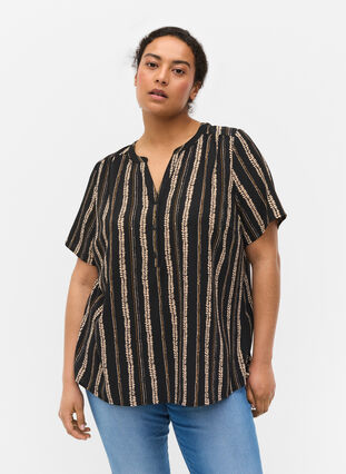 Printed blouse with short sleeves, Graphic Stripe, Model image number 0