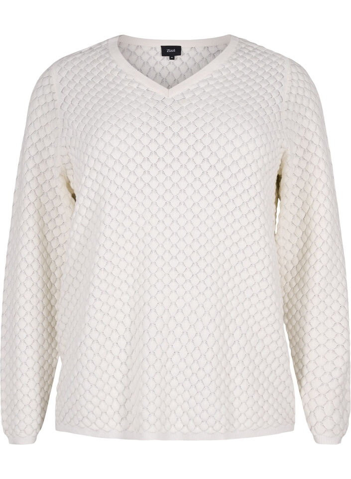 Patterned knitted top with v-neckline, Cloud Dancer, Packshot image number 0