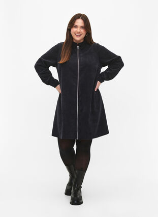 Velvet dress with zipper and 3/4 sleeves, Black, Model image number 2
