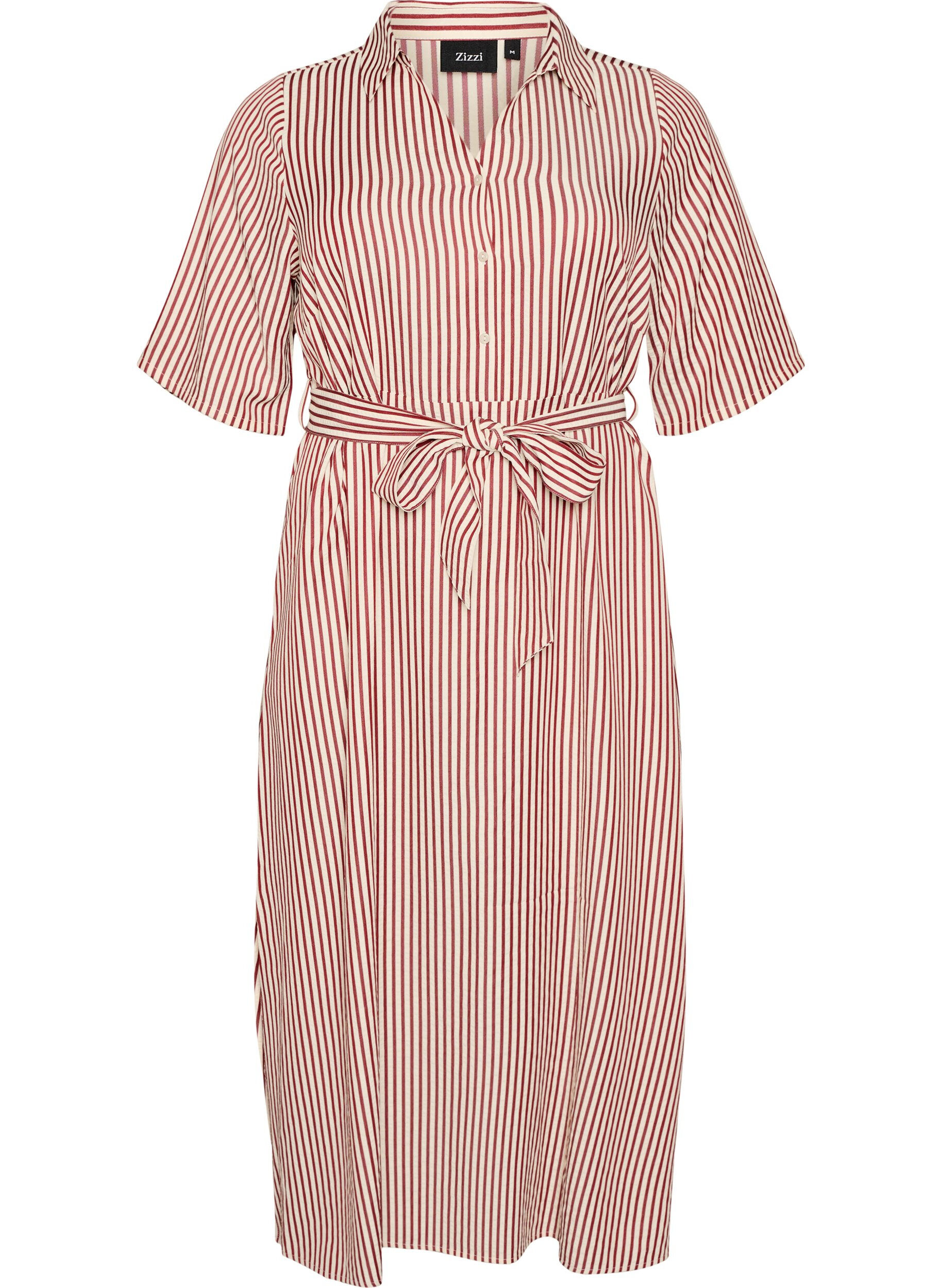 ZizzifashionAnkle-length shirt dress with tie belt and stripes, Red, Packshot image number 0