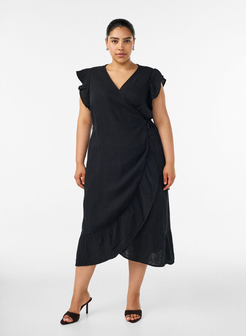 Wrap dress in cotton muslin with ruffles, Black, Model image number 0