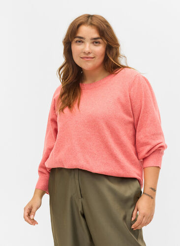 Mottled knitted top with 3/4-length sleeves, Spiced Coral Mel., Model image number 0