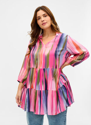 Printed viscose tunic with tie-string detail, Pink AOP, Model image number 0
