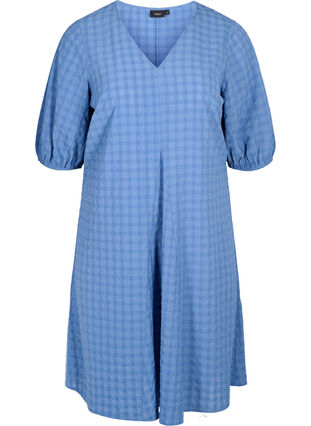 Crepe dress with v-neck and balloon sleeves, Moonlight Blue, Packshot image number 0