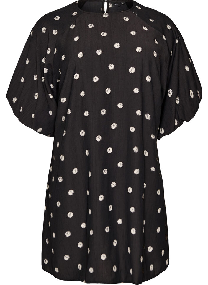 Short viscose dress with balloon sleeves, Black, Packshot