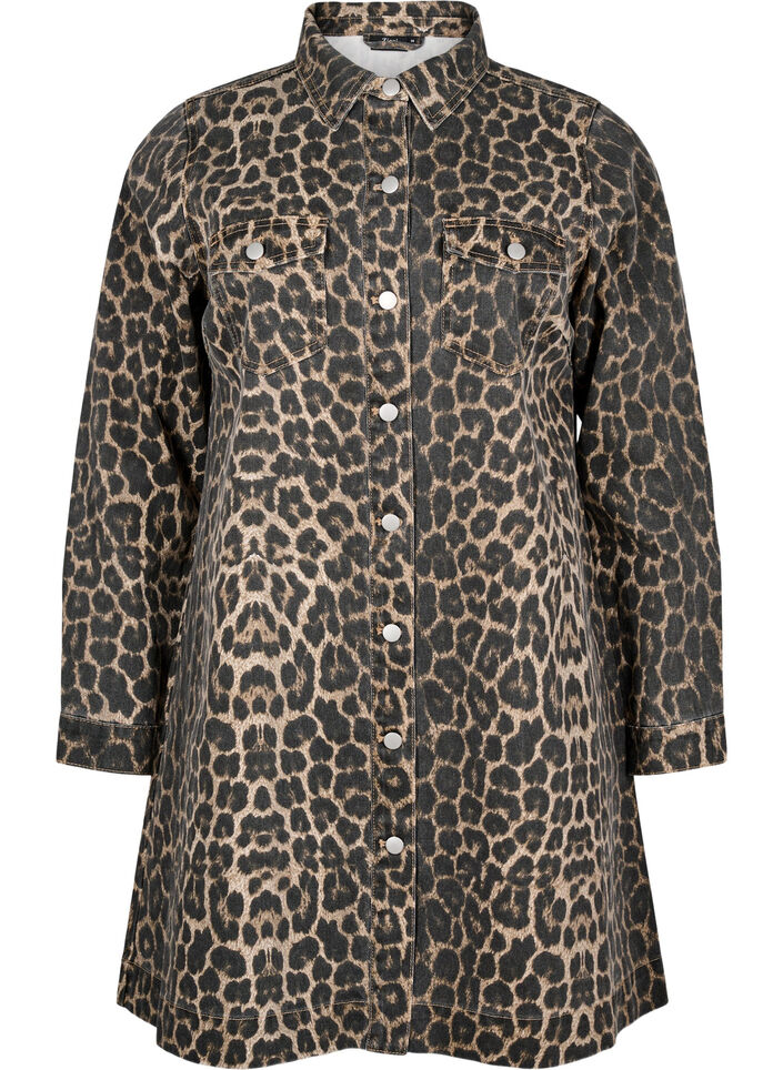 Long-sleeved denim dress with leopard print, Brown Leo AOP, Packshot image number 0
