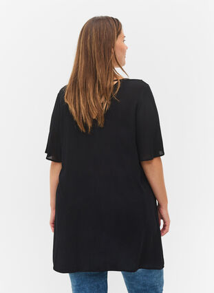 Short-sleeved viscose tunic with lace details, Black, Model image number 1