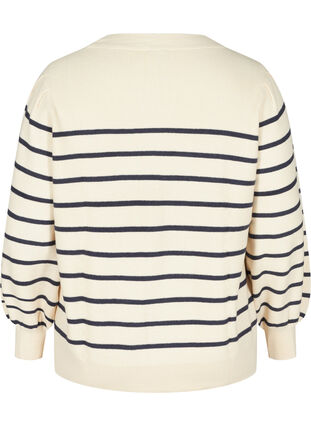 Striped knitted blouse with balloon sleeves, Birch W/Navy stripes, Packshot image number 1