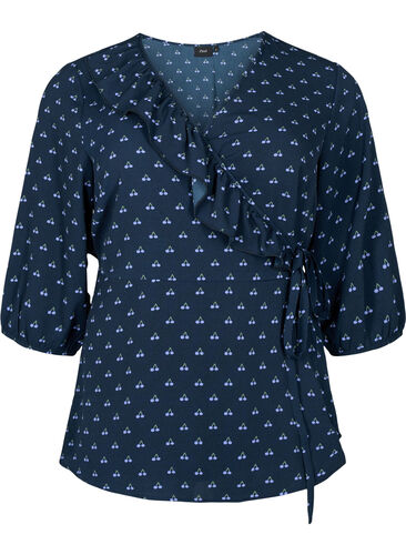 Wrap blouse with cherry print , Total Eclipse AOP, Packshot image number 0