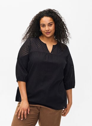 Blouse in a cotton mix with linen and crochet detail, Black, Model image number 0