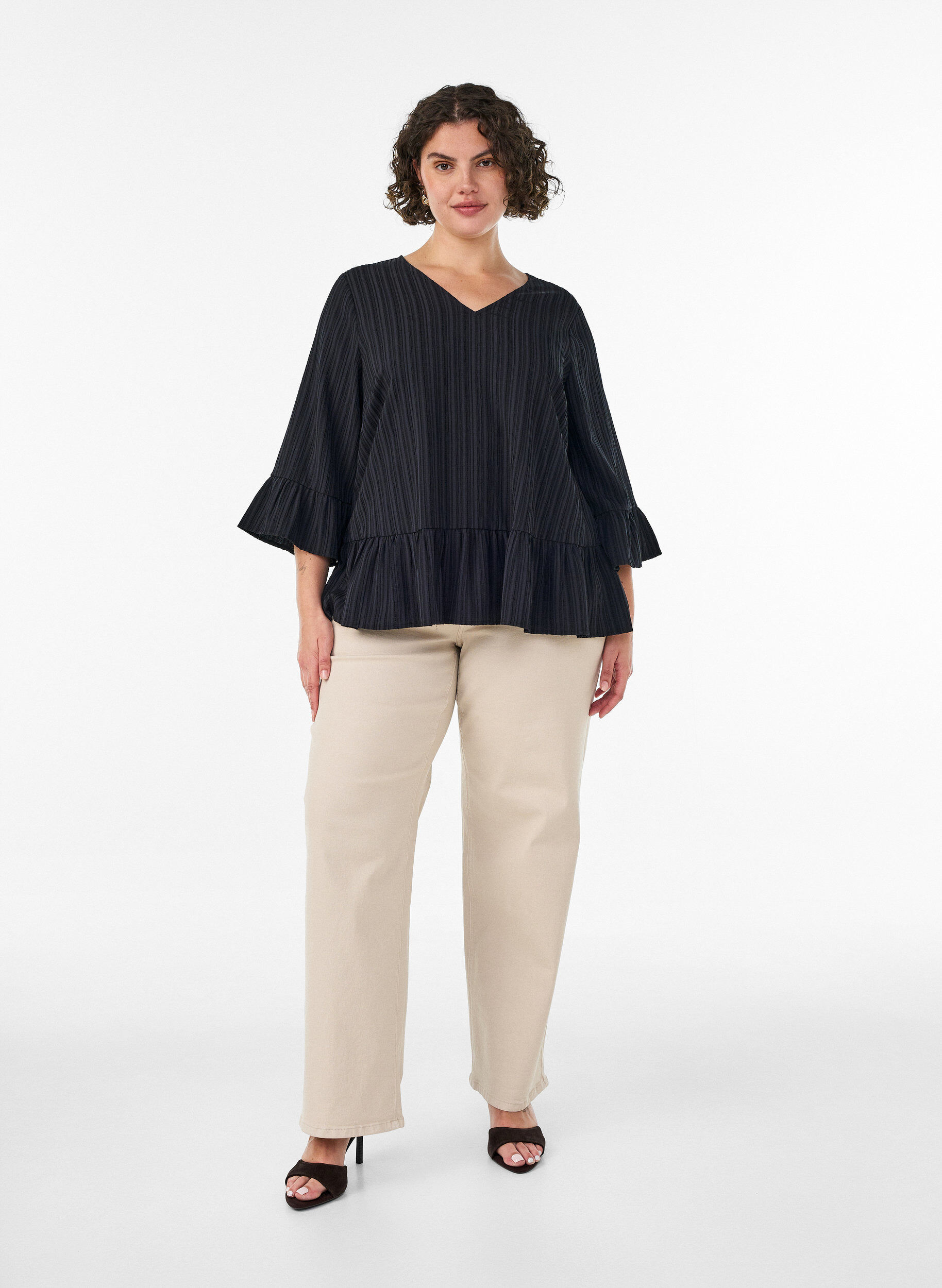 ZizzifashionBlouse with texture, V-neck and ruffles, Black, Model image number 1