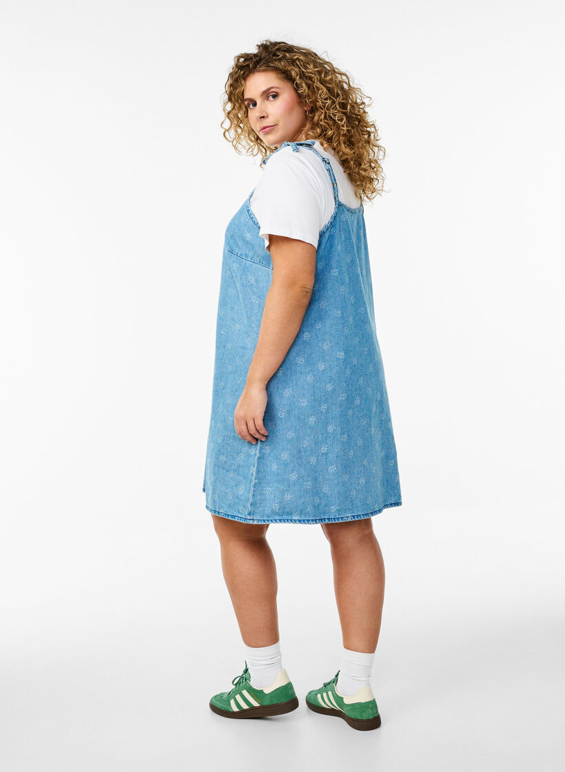 Short denim dress with adjustable straps, LBD w. Flower, Model image number 1