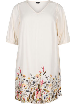 Short-sleeved floral print viscose dress, Off White Flower, Packshot image number 0