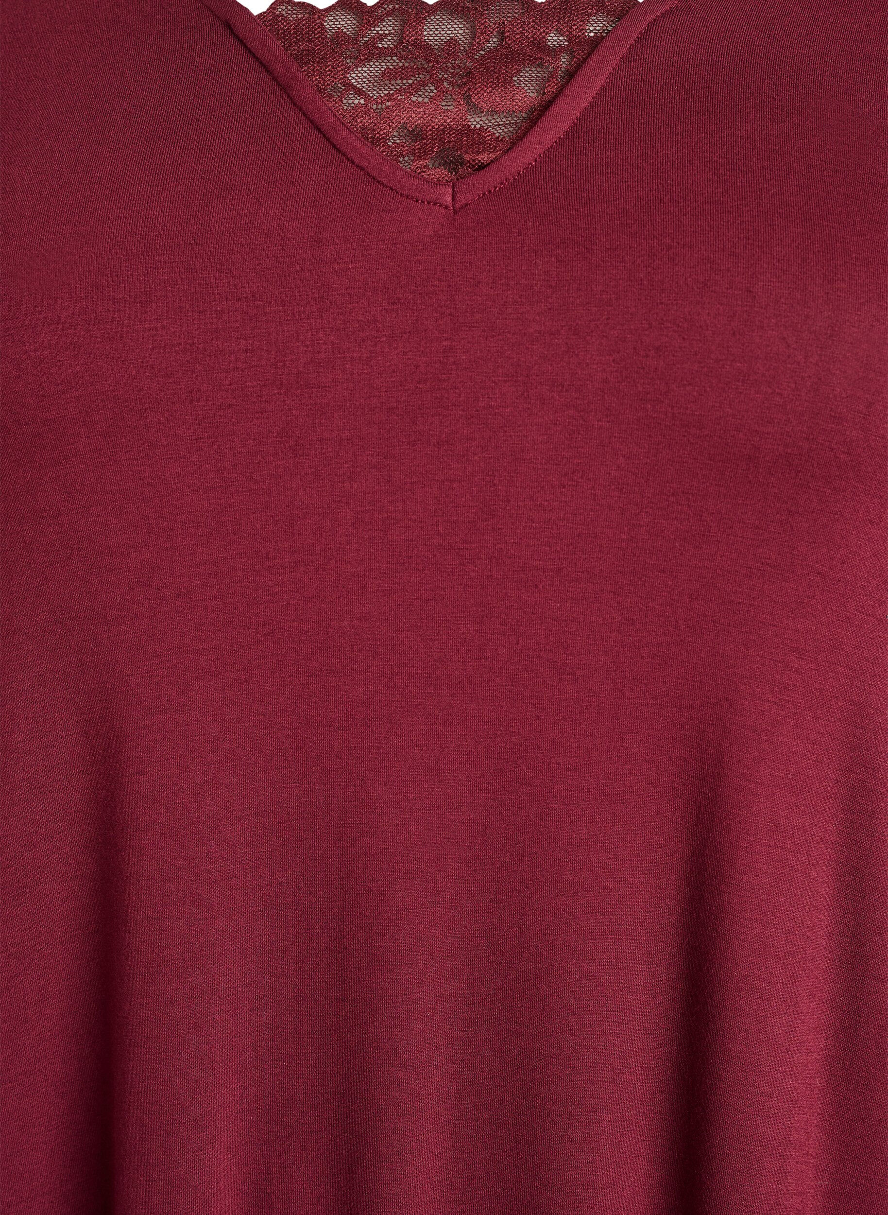 Zizzifashion Long-sleeved nightgown with lace insert and v-neck, Red, Packshot image number 2