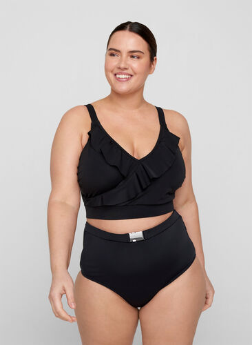 High-waisted bikini bottoms with buckle, Black, Model image number 0