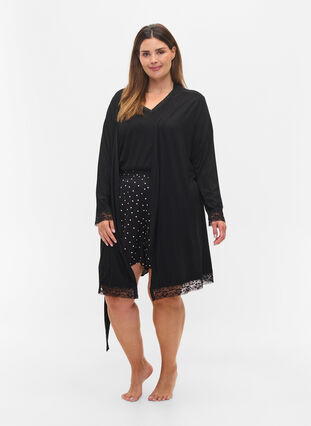 Viscose dressing gown with lace, Black, Model image number 3