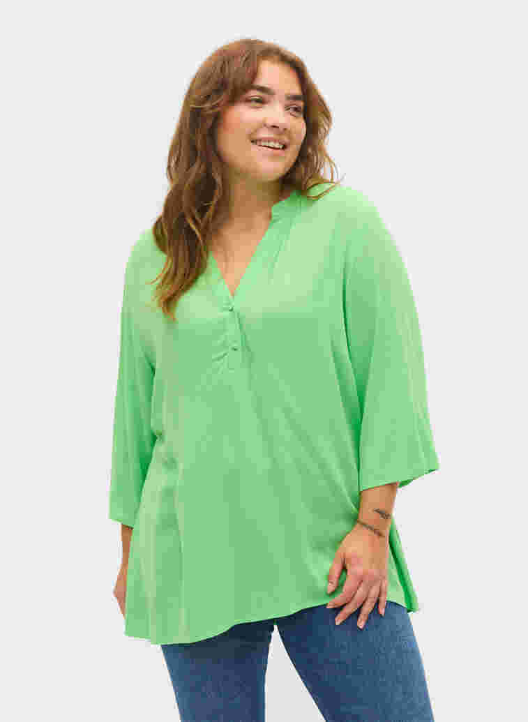 3/4 sleeve v-neck viscose blouse, Summer Green, Model image number 0