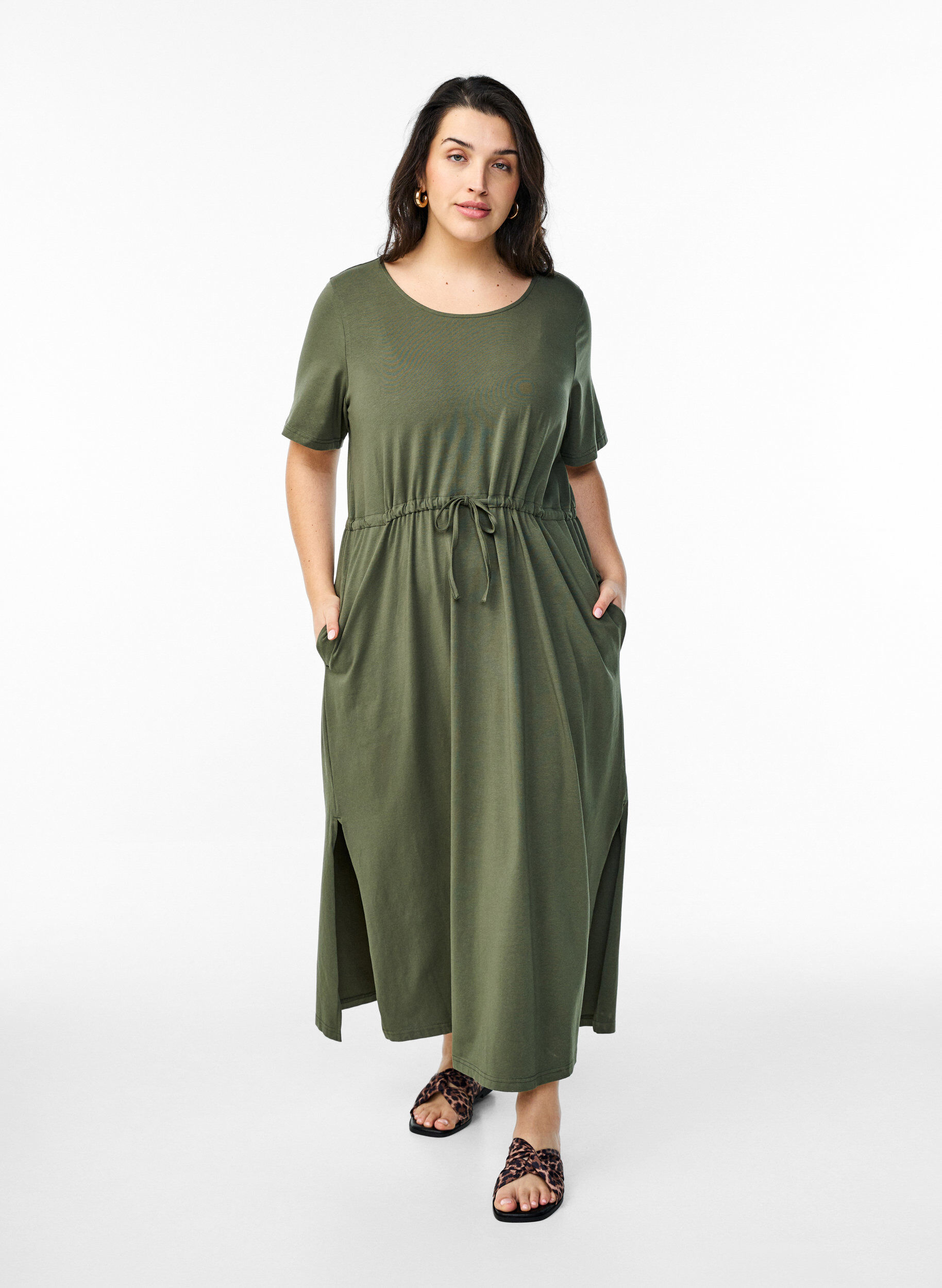 Zizzifashion Midi dress in cotton with short sleeves, Green, Model image number 0