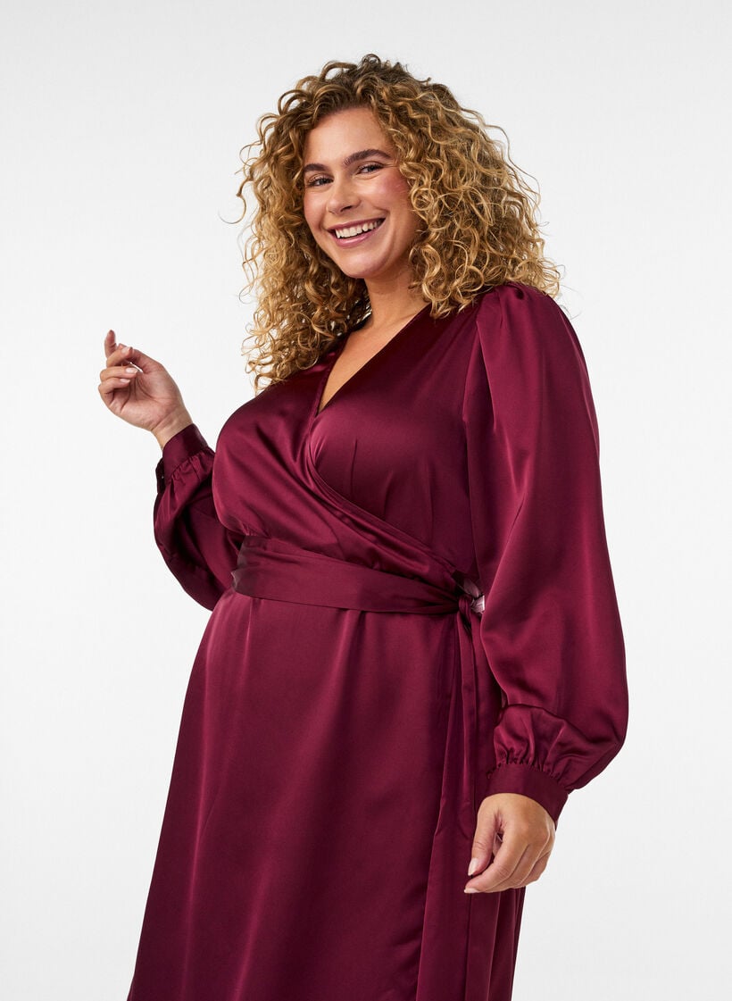 Short satin dress with wrap design, Red, Model image number 2