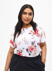 Floral viscose blouse with short sleeves, White AOP flower, Model