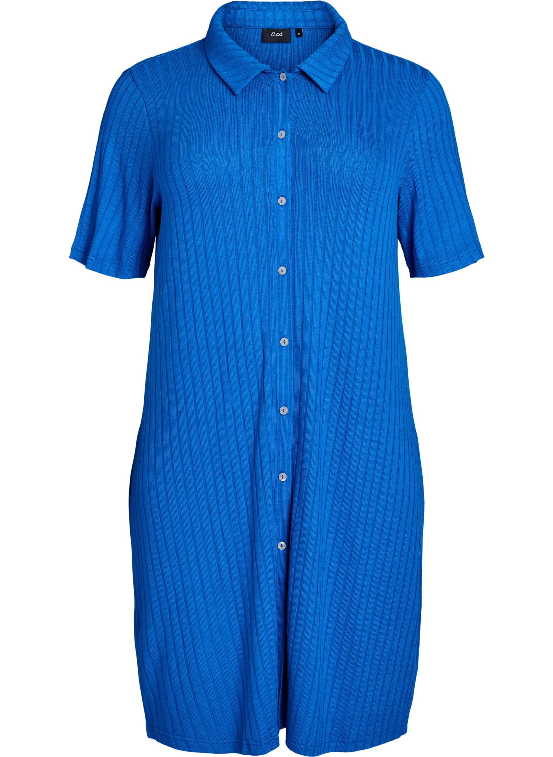 Knee-length jersey shirt dress with short sleeves