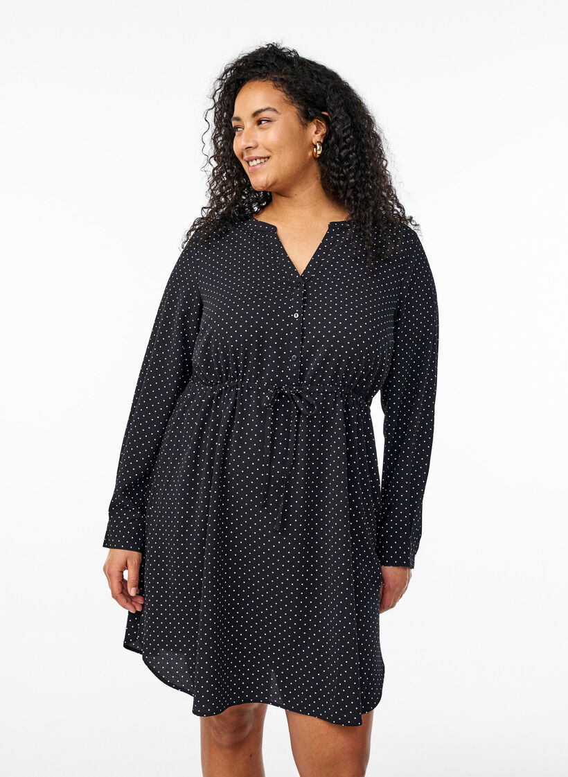 Knee-length dress with tie belt, Black, Model image number 0