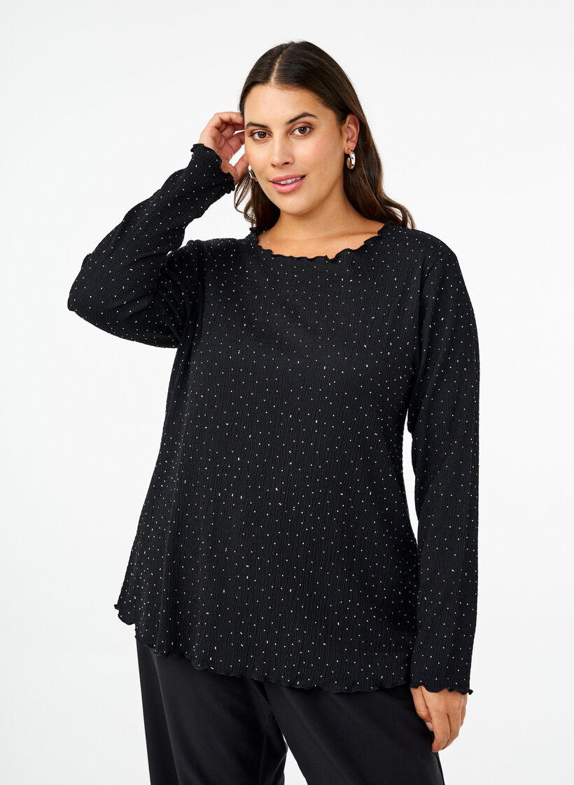 Long-sleeved blouse with rhinestones, Black, Model image number 0