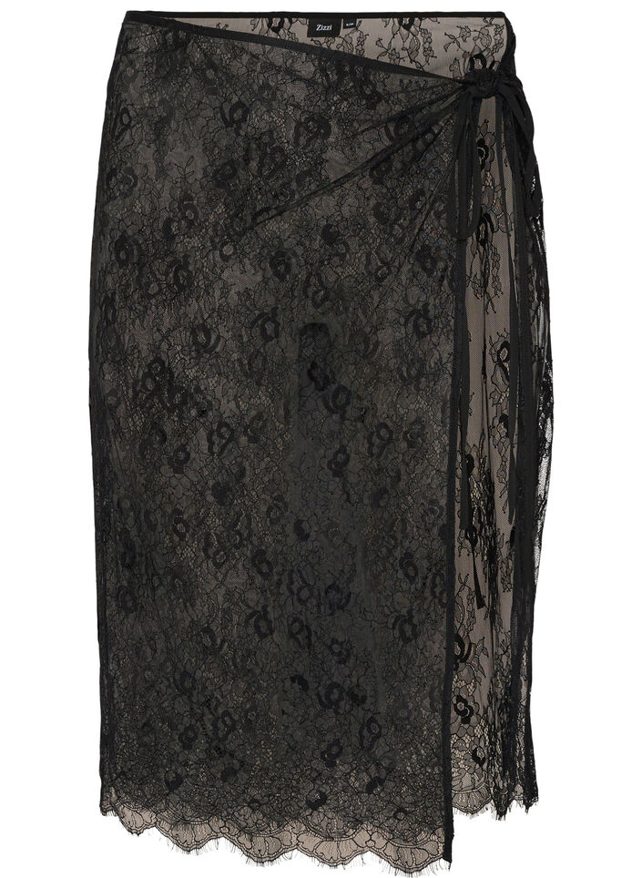 Lace wrap skirt with tie-fastening, Black, Packshot image number 0