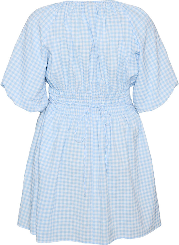 Short small check dress with balloon sleeves, Light Blue, Packshot image number 1