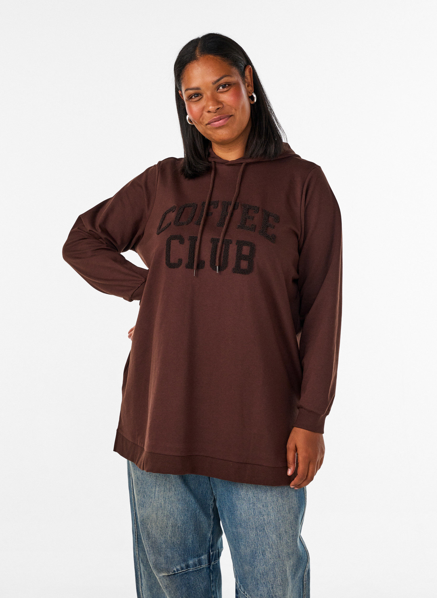 Hoodie with a terry text motif, Brown, Model