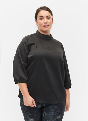 Blouse with 3/4 sleeves and chin collar, Black, Model image number 0