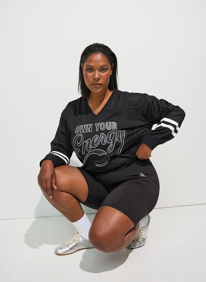 Sporty mesh top with text print, Black, Model image number 0