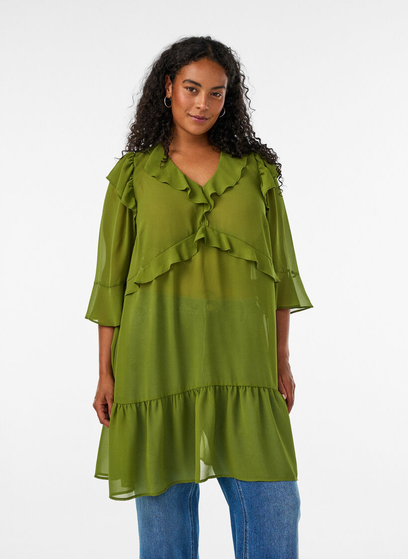 Lightweight dress with ruffles and a V-neck, Green, Model image number 0