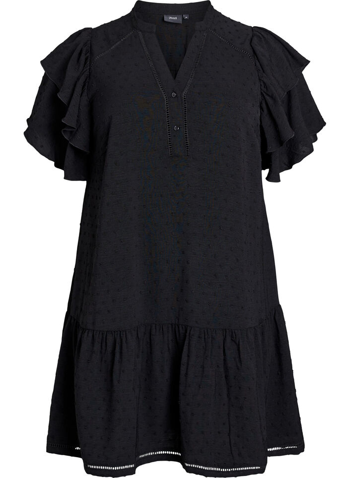 Short dress with ruffle sleeves and dotted texture, Black, Packshot image number 0