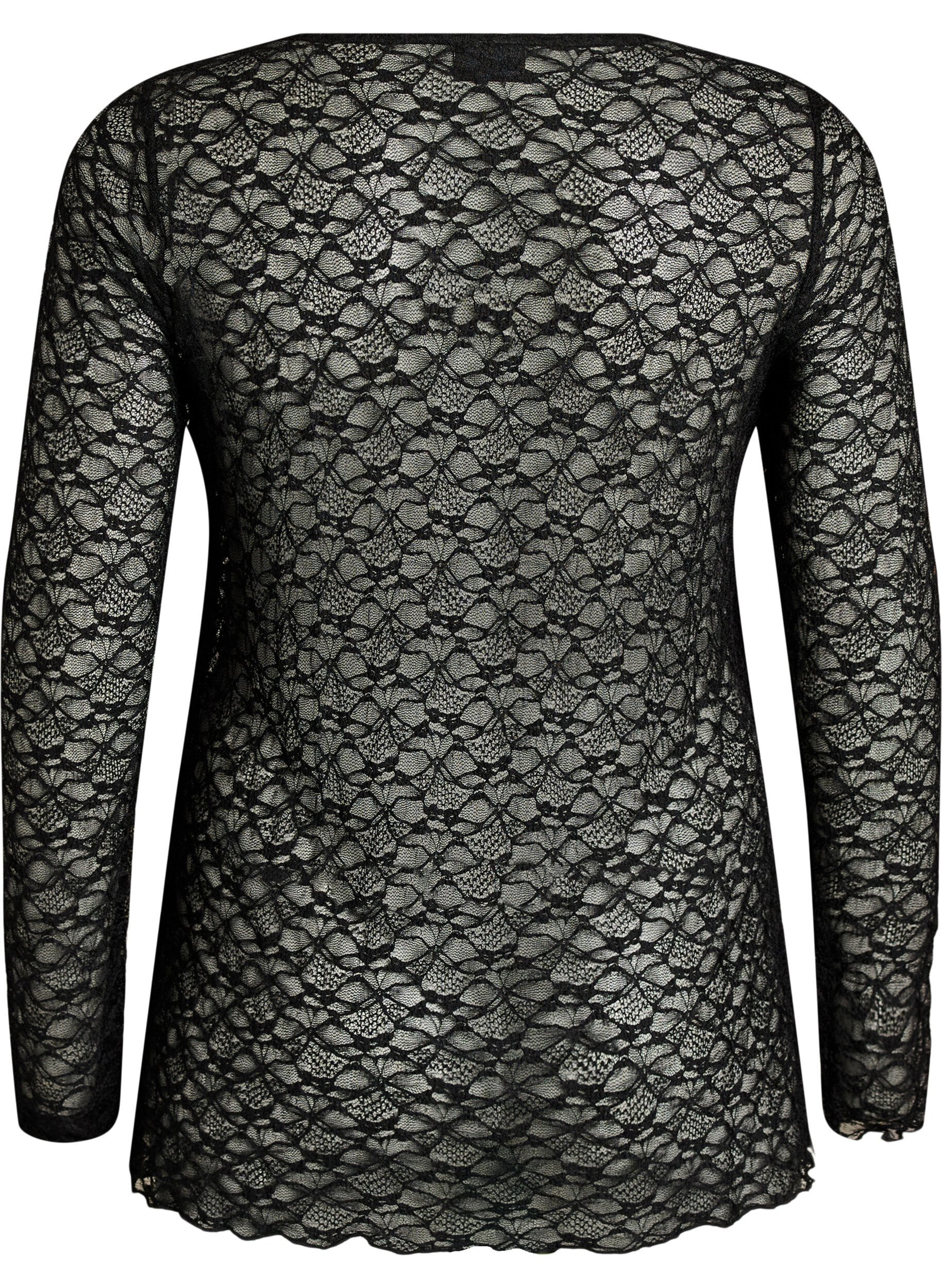 ZizzifashionSheer lace blouse with long sleeves, Black, Packshot image number 1