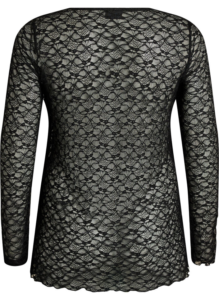 Sheer lace blouse with long sleeves, Black, Packshot image number 1