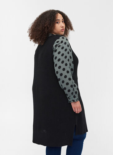 Long v-neck slit knitted vest, Black, Model image number 1