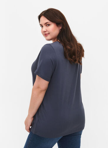 Ribbed viscose T-shirt with v-neck, Umbre Blue , Model image number 1