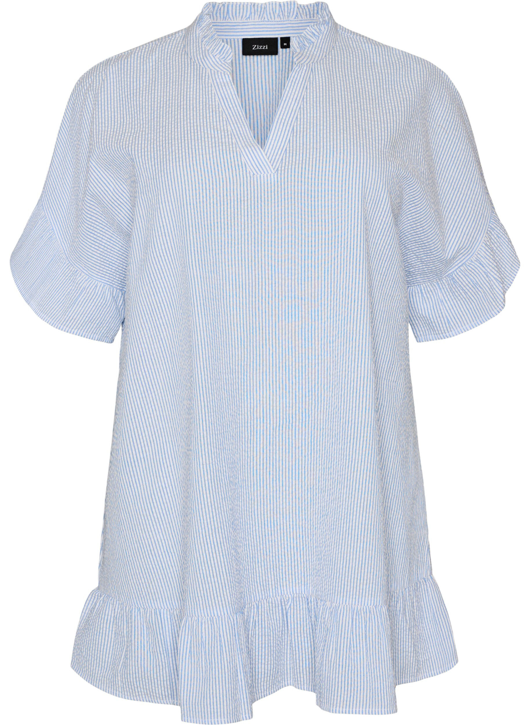 ZizzifashionCotton tunic with stripes and ruffle details, Light Blue, Packshot image number 0