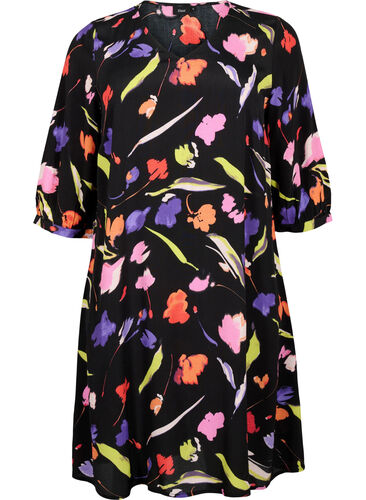 Dress in viscose with print and 3/4 sleeves, Faded Tulip AOP, Packshot image number 0
