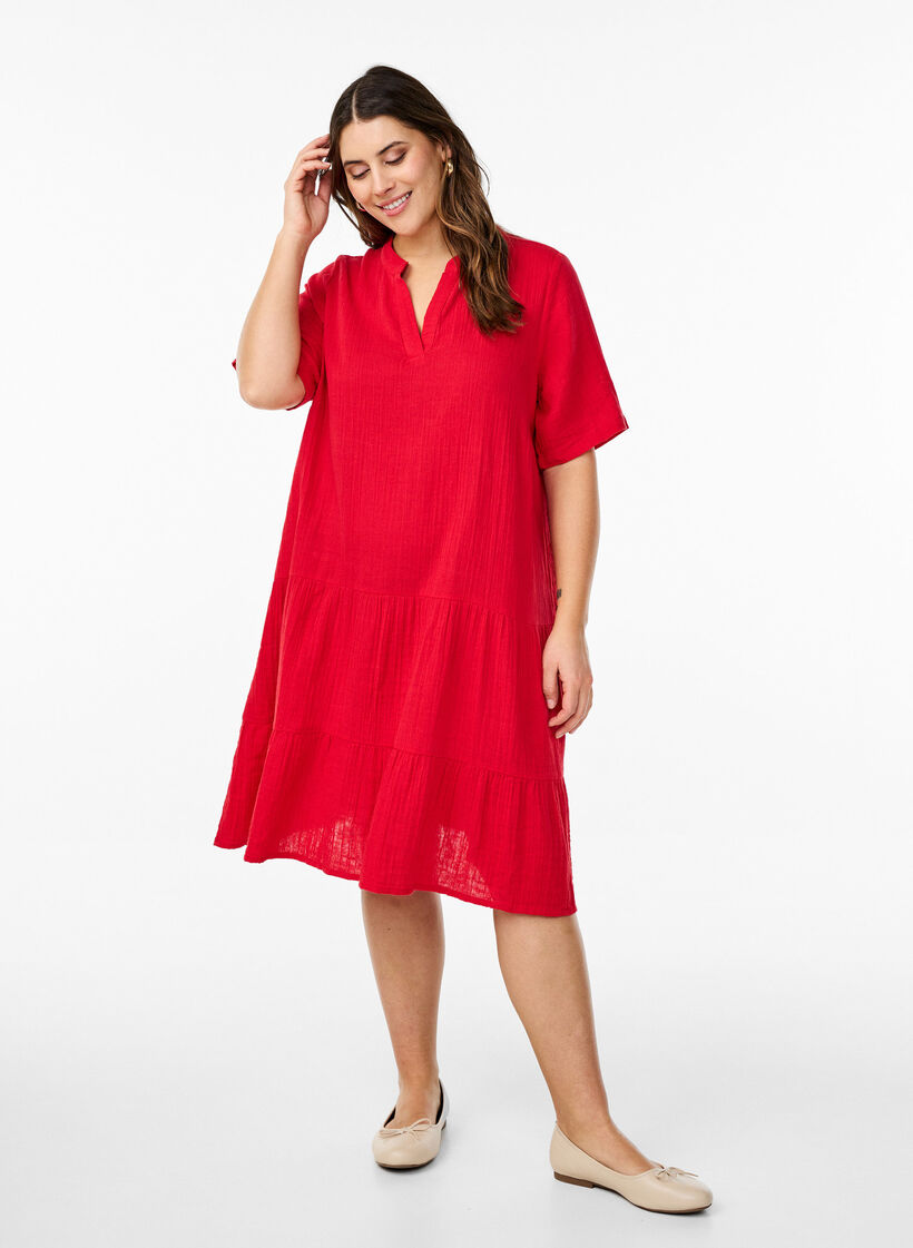 Short A-line dress in cotton muslin, Red, Model image number 1