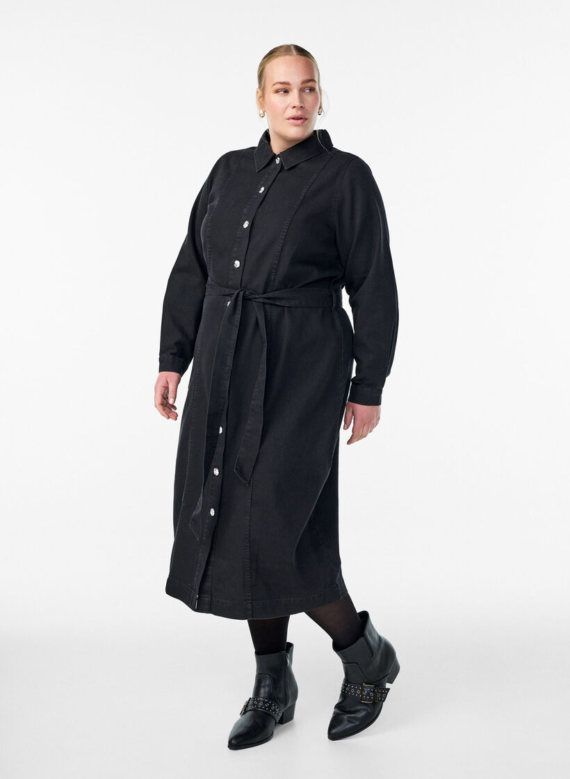 Denim midi dress with a belt and decorative buttons, Black, Model image number 1