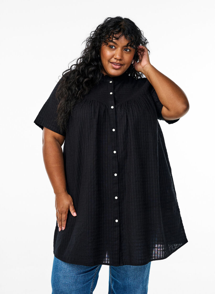 A-shaped tunic with short sleeves and buttons, Black, Model image number 0