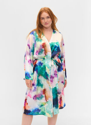 Long-sleeved dressing gown with belt, Watercolor AOP, Model image number 0