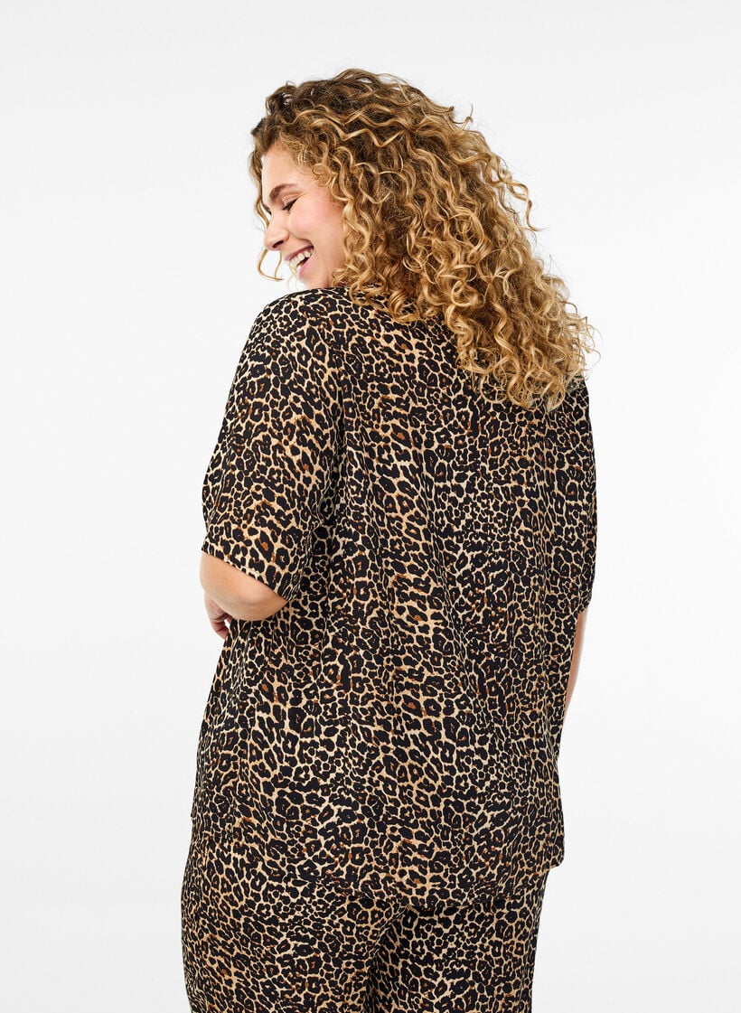 Short sleeve viscose Blouse with print, Brown, Model image number 2